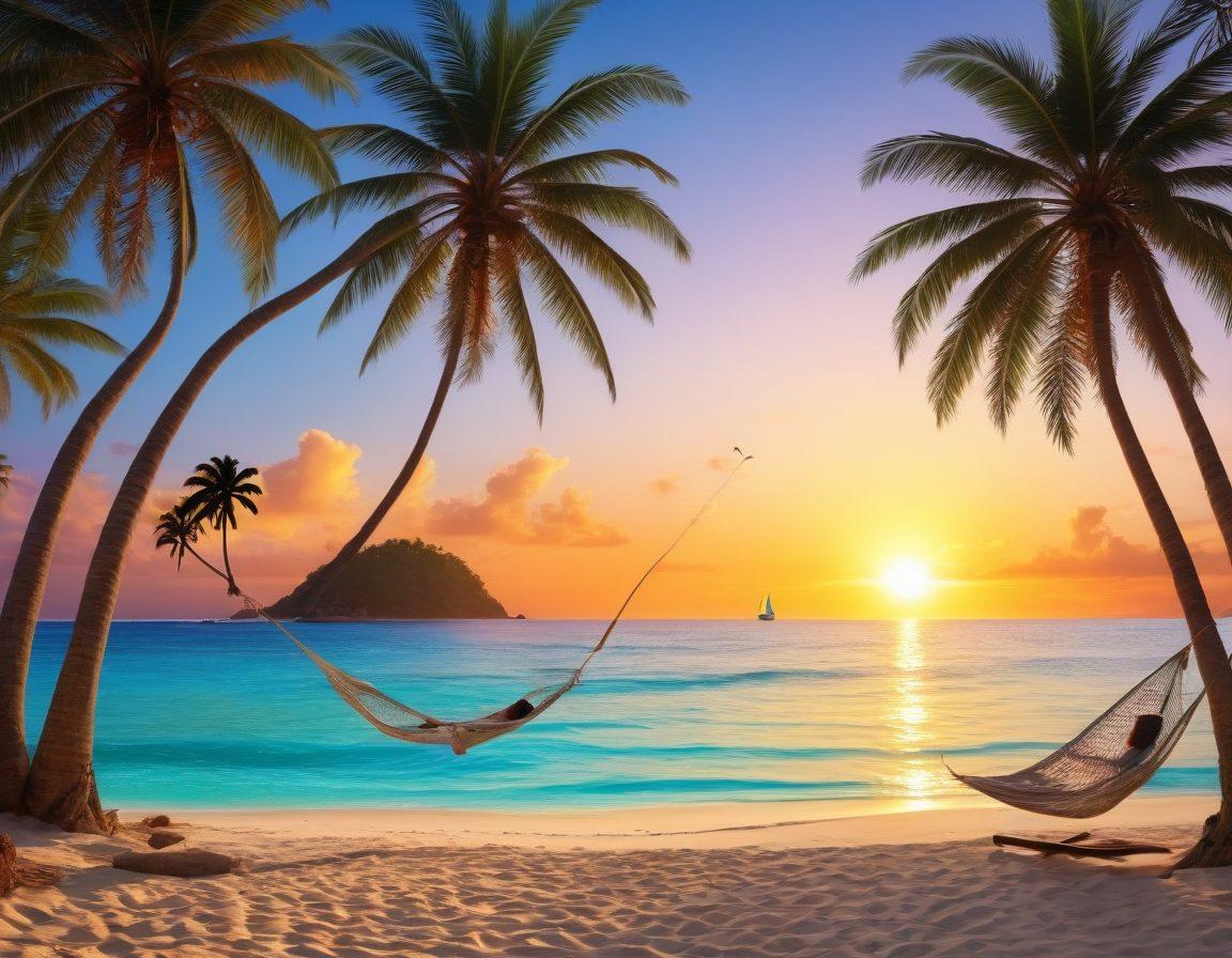 A serene tropical beach with crystal-clear turquoise waters and a hammock swaying gently between two palm trees. In the foreground, a couple enjoys a romantic picnic with a vibrant sunset in the background, their sailboat anchored nearby. Playful dolphins leap out of the water, adding a sense of joy and adventure. Super-realistic. Vibrant colors. Warm lighting.