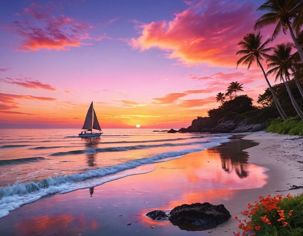 A serene beach scene at sunset with vibrant pink and orange skies, highlighting a couple joyfully exploring tide pools filled with colorful marine life. A distant sailboat gliding on the calm ocean water and lush greenery framing the beach, evoking a sense of adventure and tranquility. super-realistic. vibrant colors. 3D.