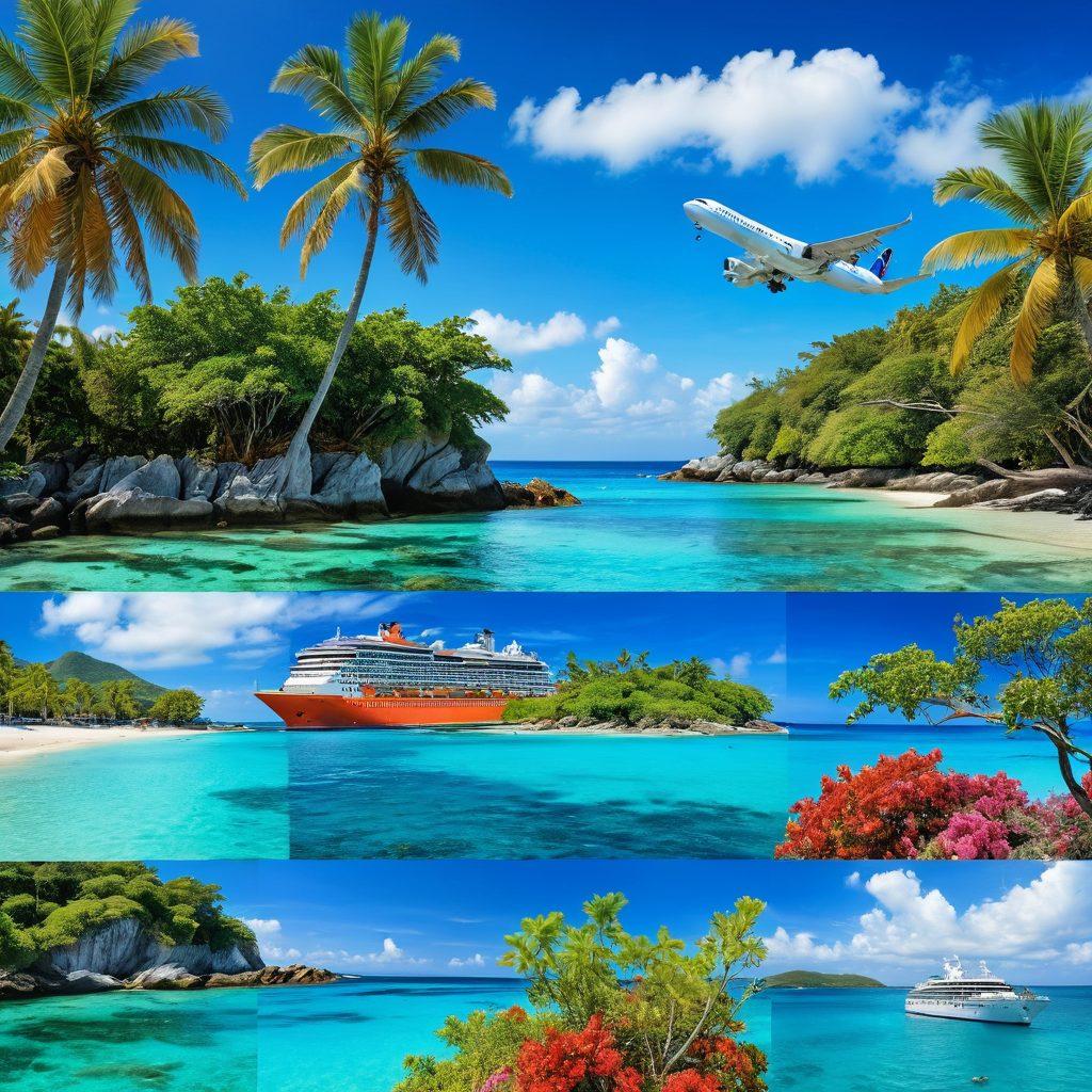 A vibrant collage of breathtaking seaside destinations, featuring crystal clear waters, colorful coral reefs, and sandy beaches under a bright blue sky. Add a majestic cruise ship sailing through the ocean, with joyful travelers on deck, capturing the essence of adventure and exploration. Include palm trees swaying in the breeze and exotic birds flying overhead for an enchanting atmosphere. Highly detailed and inviting. super-realistic. vibrant colors. white background.